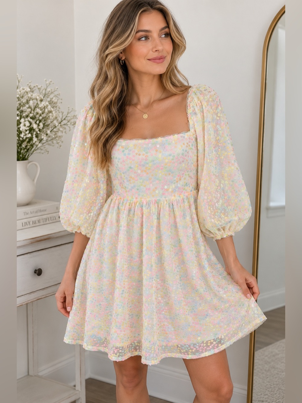 Altar’d State Pastel Floral Sequin Mesh Mini Dress Size M NWOT